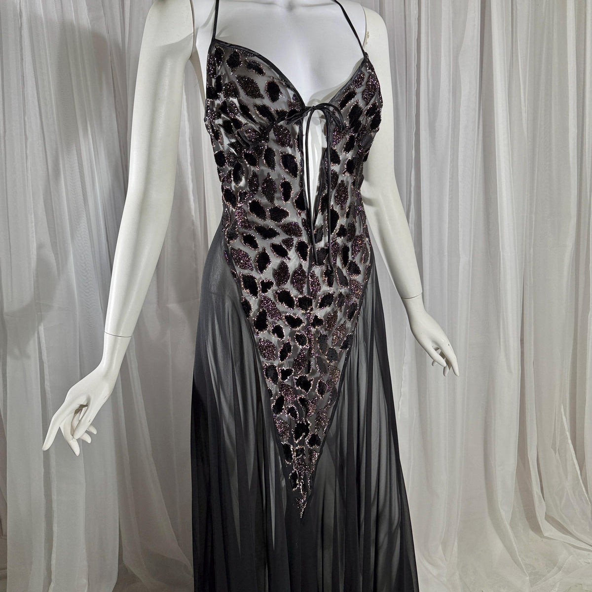 Vintage 1980s BOB MACKIE peignoir set, Sheer black burnout nightgown robe lingerie set