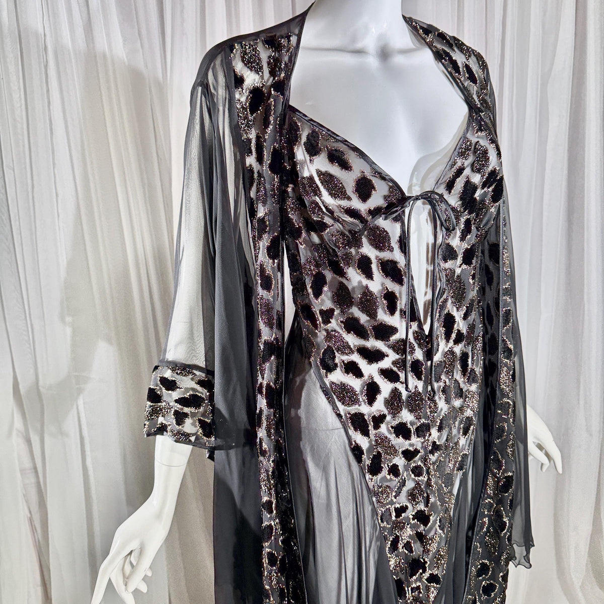 Vintage 1980s BOB MACKIE peignoir set, Sheer black burnout nightgown robe lingerie set