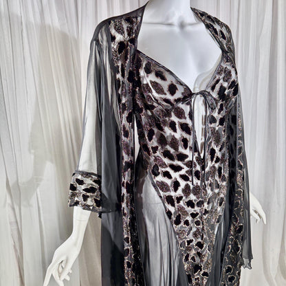 Vintage 1980s BOB MACKIE peignoir set, Sheer black burnout nightgown robe lingerie set