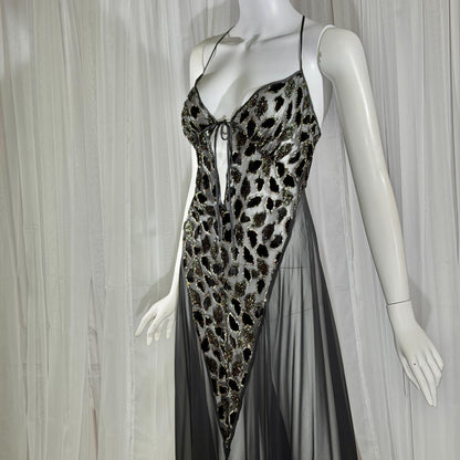 Vintage 1980s BOB MACKIE peignoir set, Sheer black burnout nightgown robe lingerie set