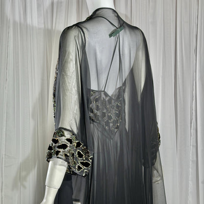 Vintage 1980s BOB MACKIE peignoir set, Sheer black burnout nightgown robe lingerie set