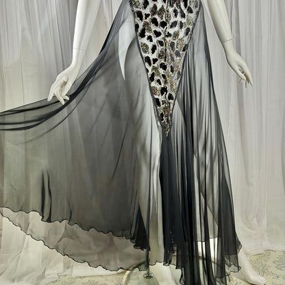 Vintage 1980s BOB MACKIE peignoir set, Sheer black burnout nightgown robe lingerie set