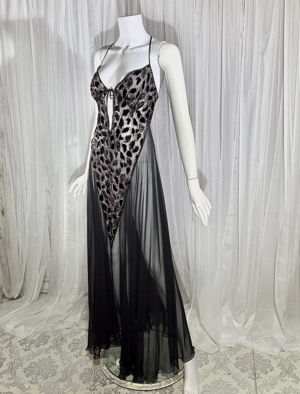 Vintage 1980s BOB MACKIE peignoir set, Sheer black burnout nightgown robe lingerie set