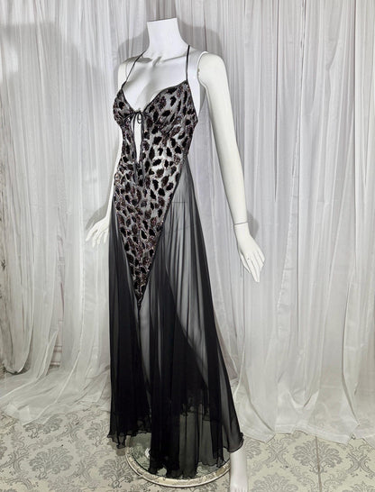 Vintage 1980s BOB MACKIE peignoir set, Sheer black burnout nightgown robe lingerie set