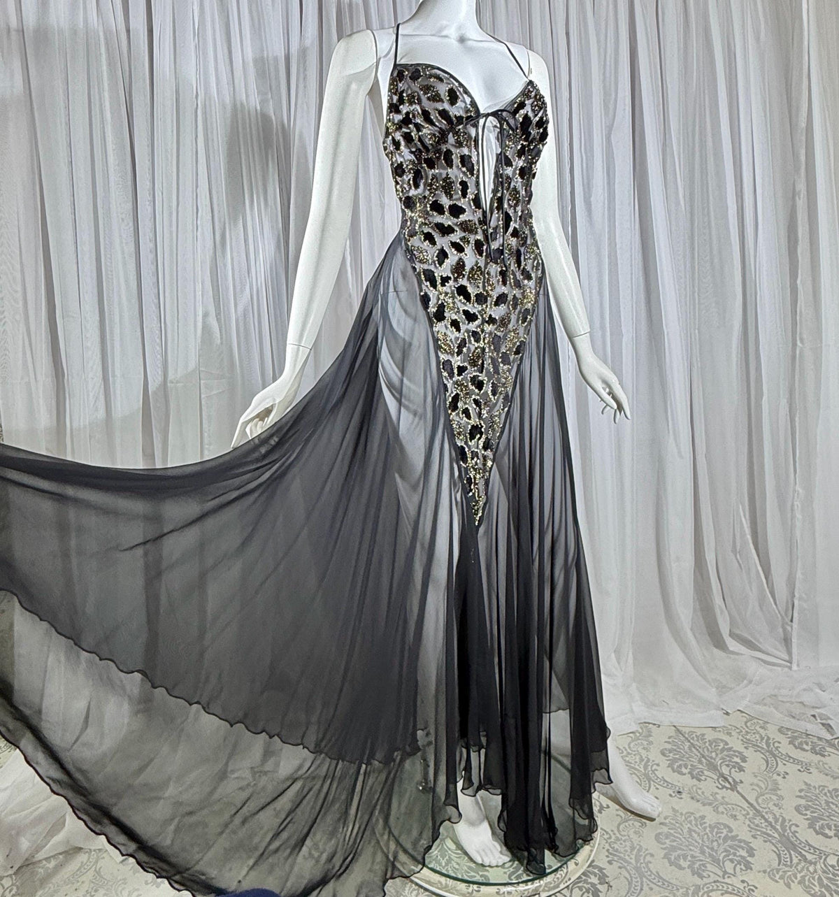 Vintage 1980s BOB MACKIE peignoir set, Sheer black burnout nightgown robe lingerie set