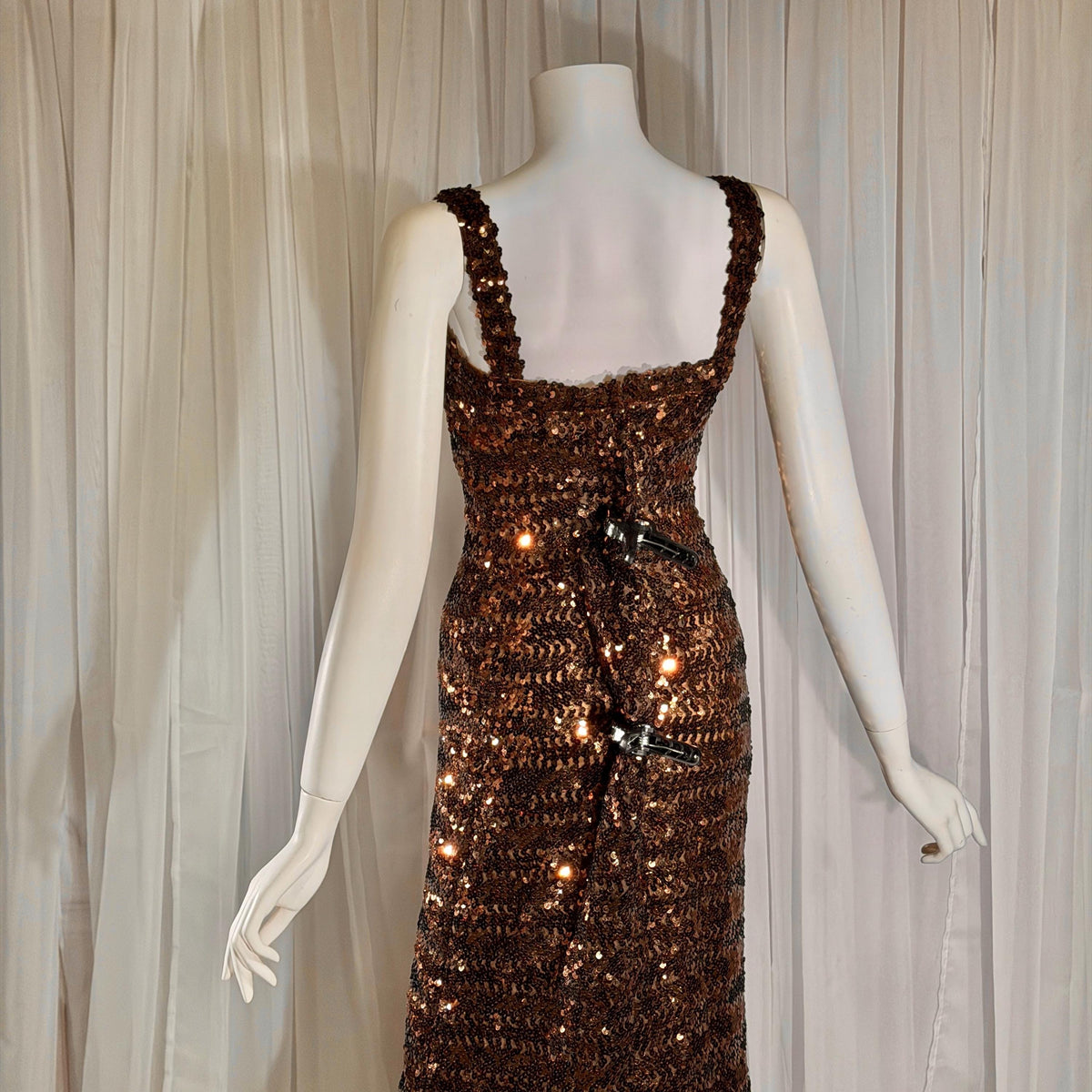 LILLI DIAMOND vintage designer evening dress gown, 1960s Brown sequin bodycon mermaid dress