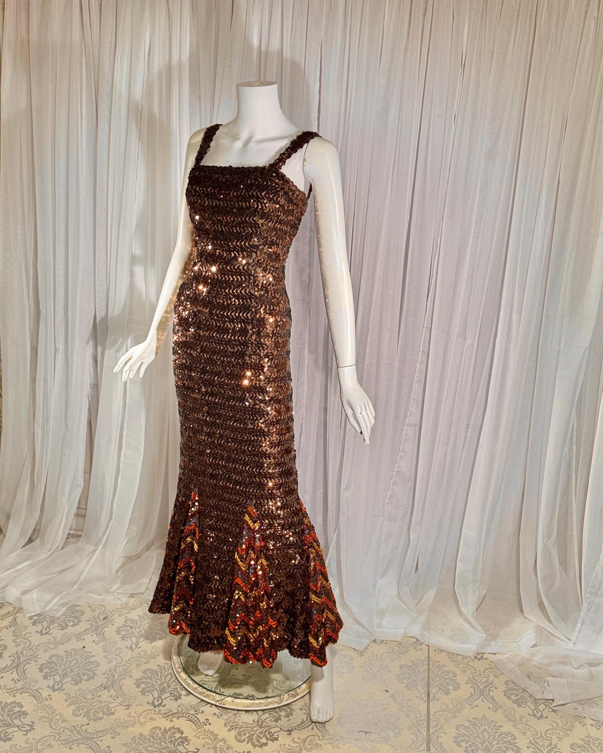 LILLI DIAMOND vintage designer evening dress gown, 1960s Brown sequin bodycon mermaid dress