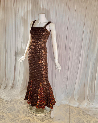 LILLI DIAMOND vintage designer evening dress gown, 1960s Brown sequin bodycon mermaid dress