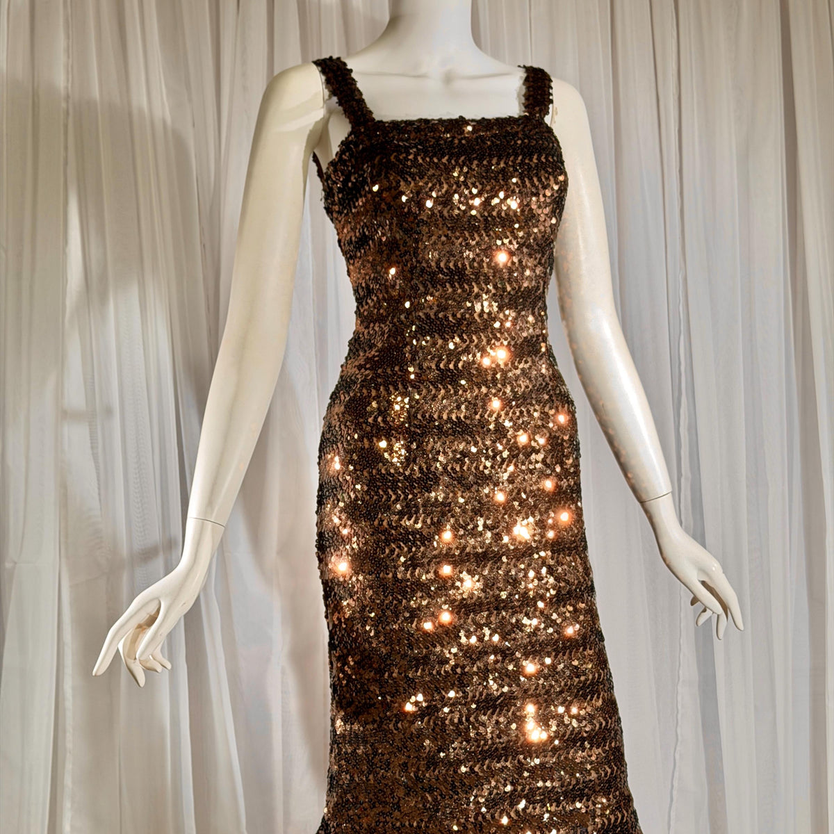 LILLI DIAMOND vintage designer evening dress gown, 1960s Brown sequin bodycon mermaid dress