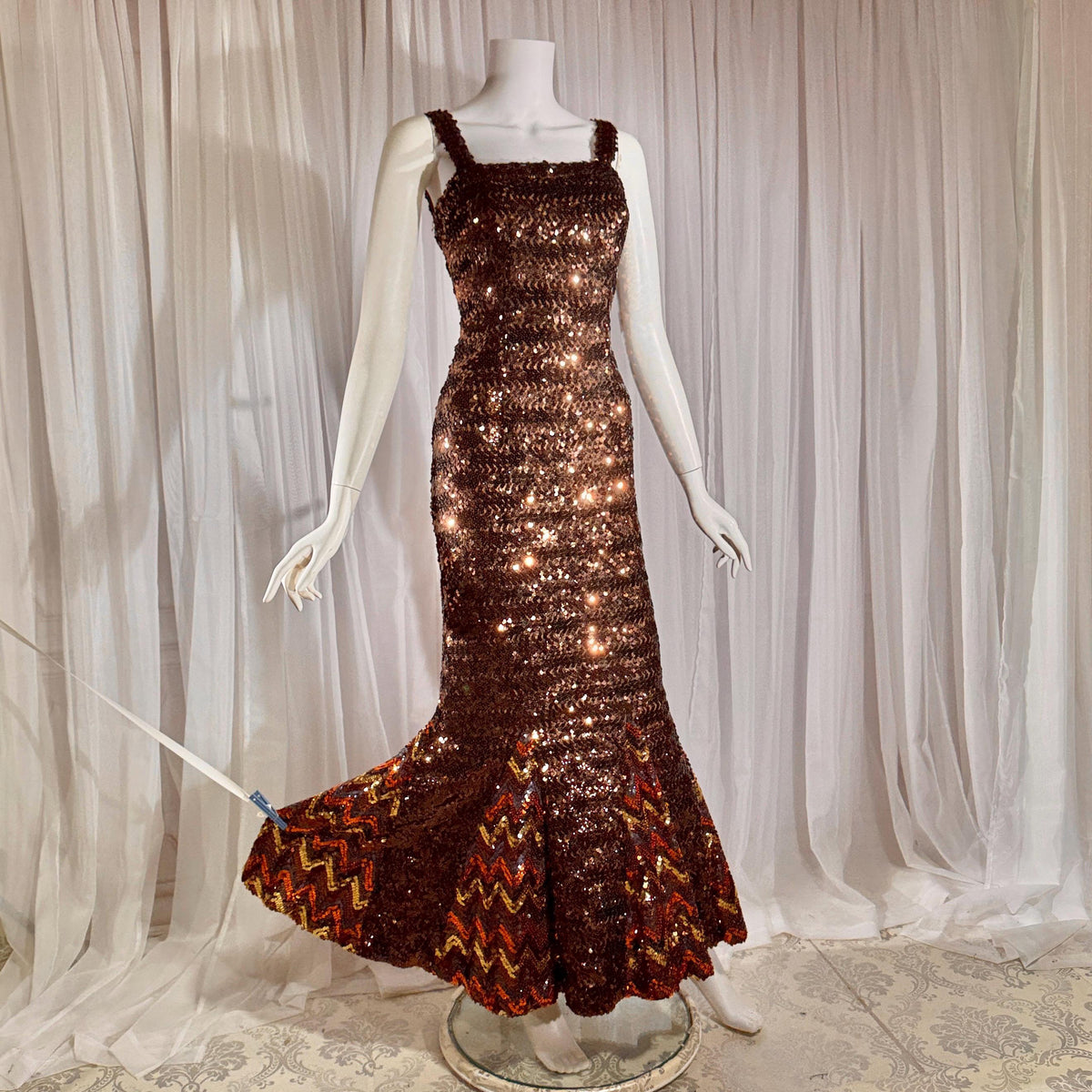 LILLI DIAMOND vintage designer evening dress gown, 1960s Brown sequin bodycon mermaid dress