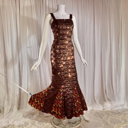 LILLI DIAMOND vintage designer evening dress gown, 1960s Brown sequin bodycon mermaid dress