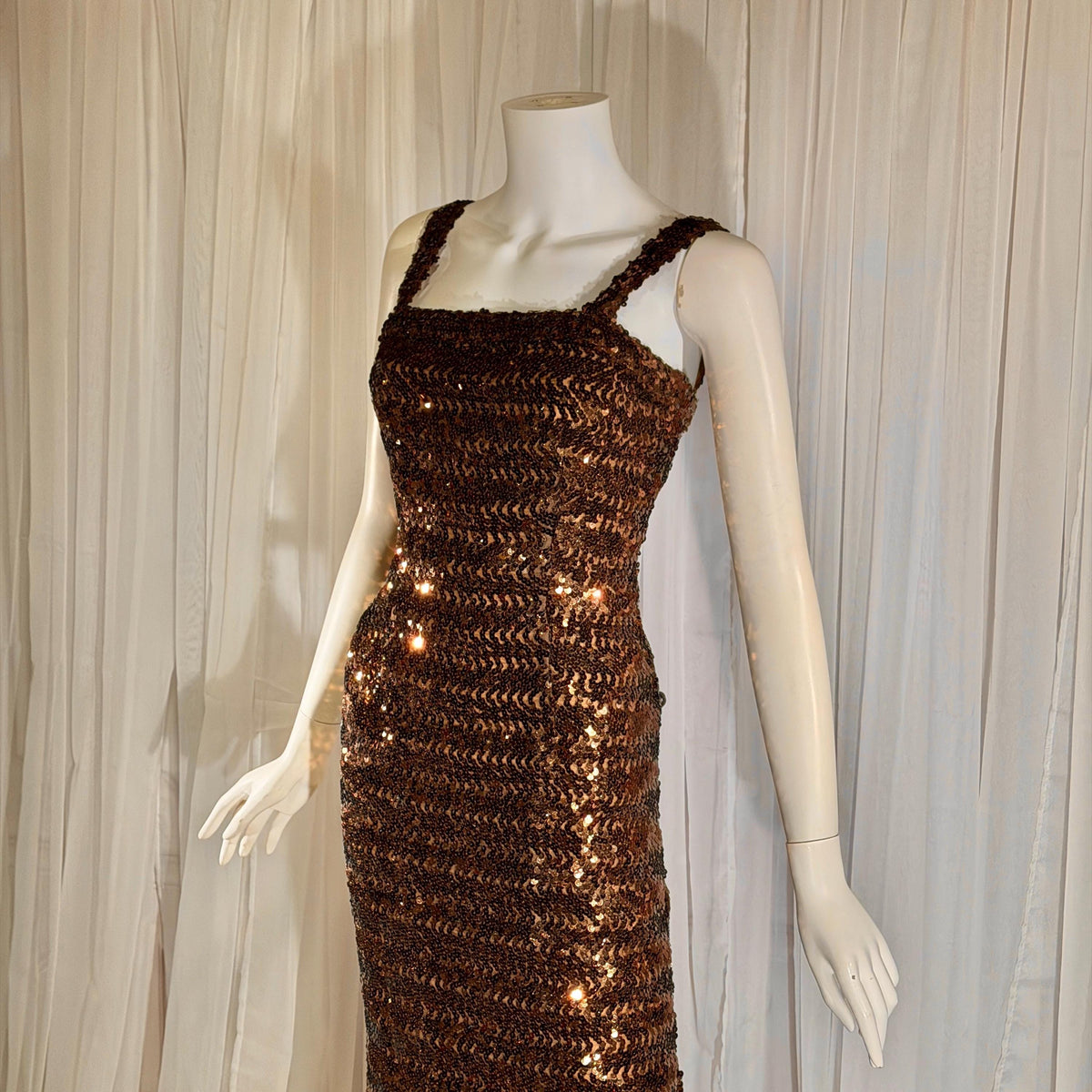 LILLI DIAMOND vintage designer evening dress gown, 1960s Brown sequin bodycon mermaid dress