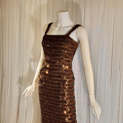 LILLI DIAMOND vintage designer evening dress gown, 1960s Brown sequin bodycon mermaid dress