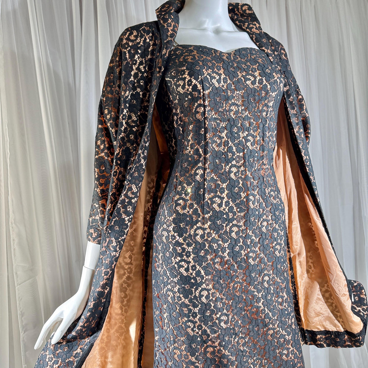 vintage 1950s LILLI DIAMOND Cocktail Dress and Matching coat, Black lace evening dress