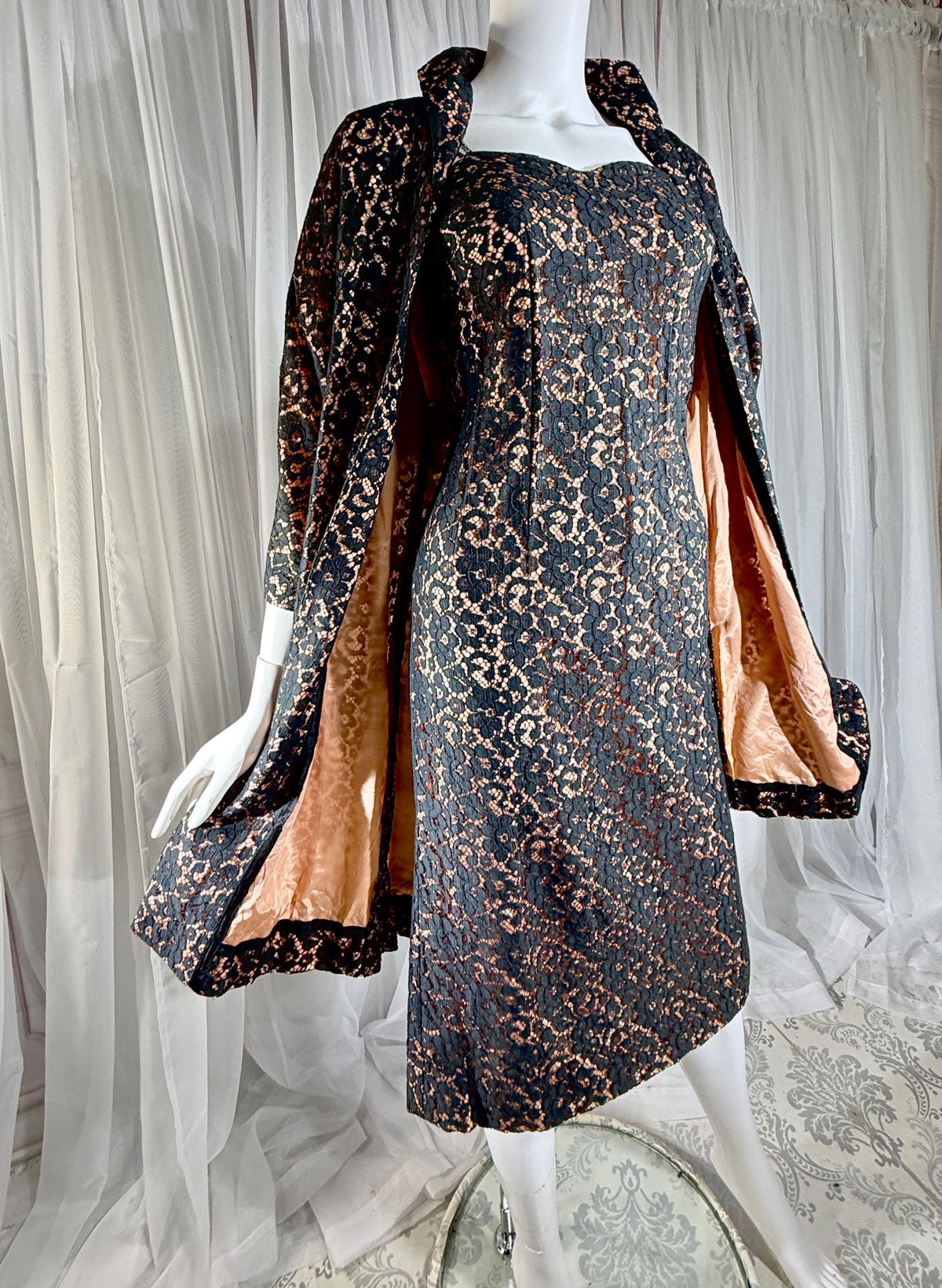 vintage 1950s LILLI DIAMOND Cocktail Dress and Matching coat, Black lace evening dress
