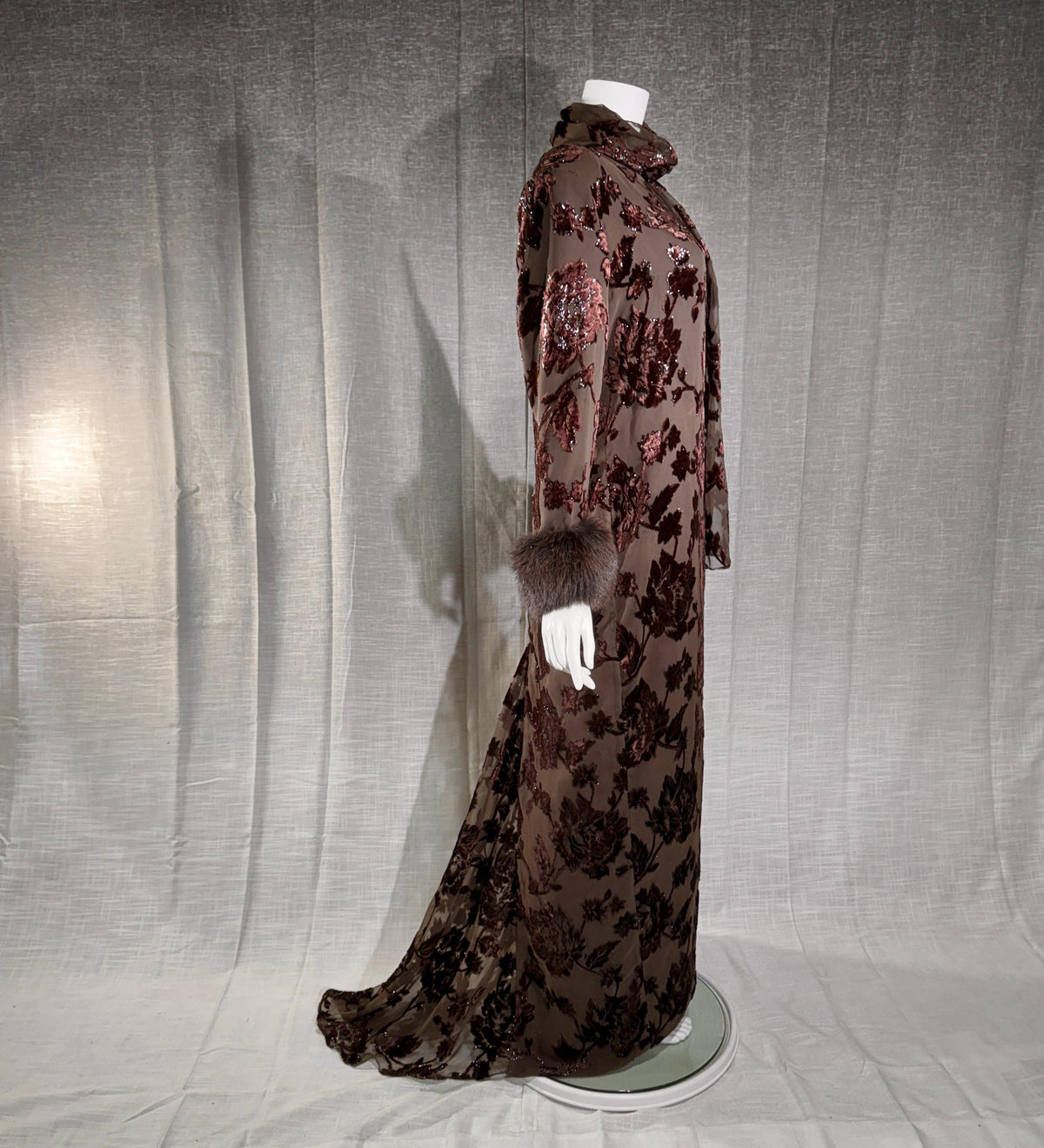vintage 1980s NEIMAN MARCUS evening dress gown, Brown Floral Devore Burnout Shift Gown Large