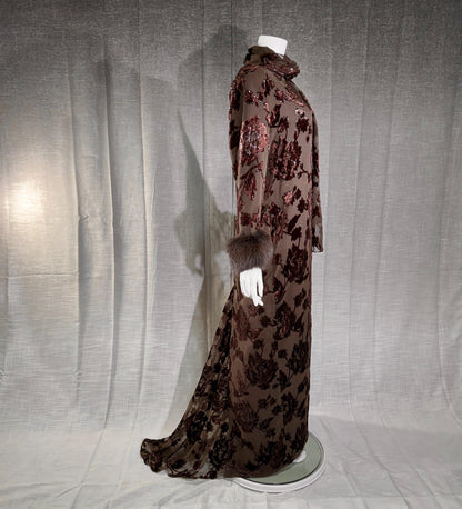 vintage 1980s NEIMAN MARCUS evening dress gown, Brown Floral Devore Burnout Shift Gown Large