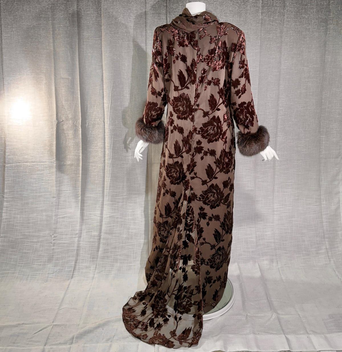 vintage 1980s NEIMAN MARCUS evening dress gown, Brown Floral Devore Burnout Shift Gown Large