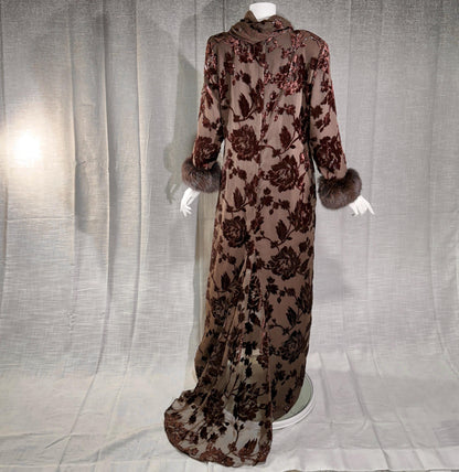 vintage 1980s NEIMAN MARCUS evening dress gown, Brown Floral Devore Burnout Shift Gown Large