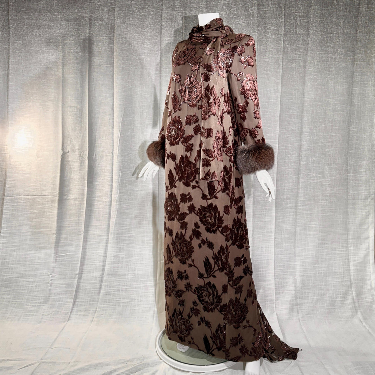 vintage 1980s NEIMAN MARCUS evening dress gown, Brown Floral Devore Burnout Shift Gown Large