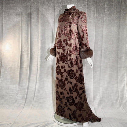 vintage 1980s NEIMAN MARCUS evening dress gown, Brown Floral Devore Burnout Shift Gown Large