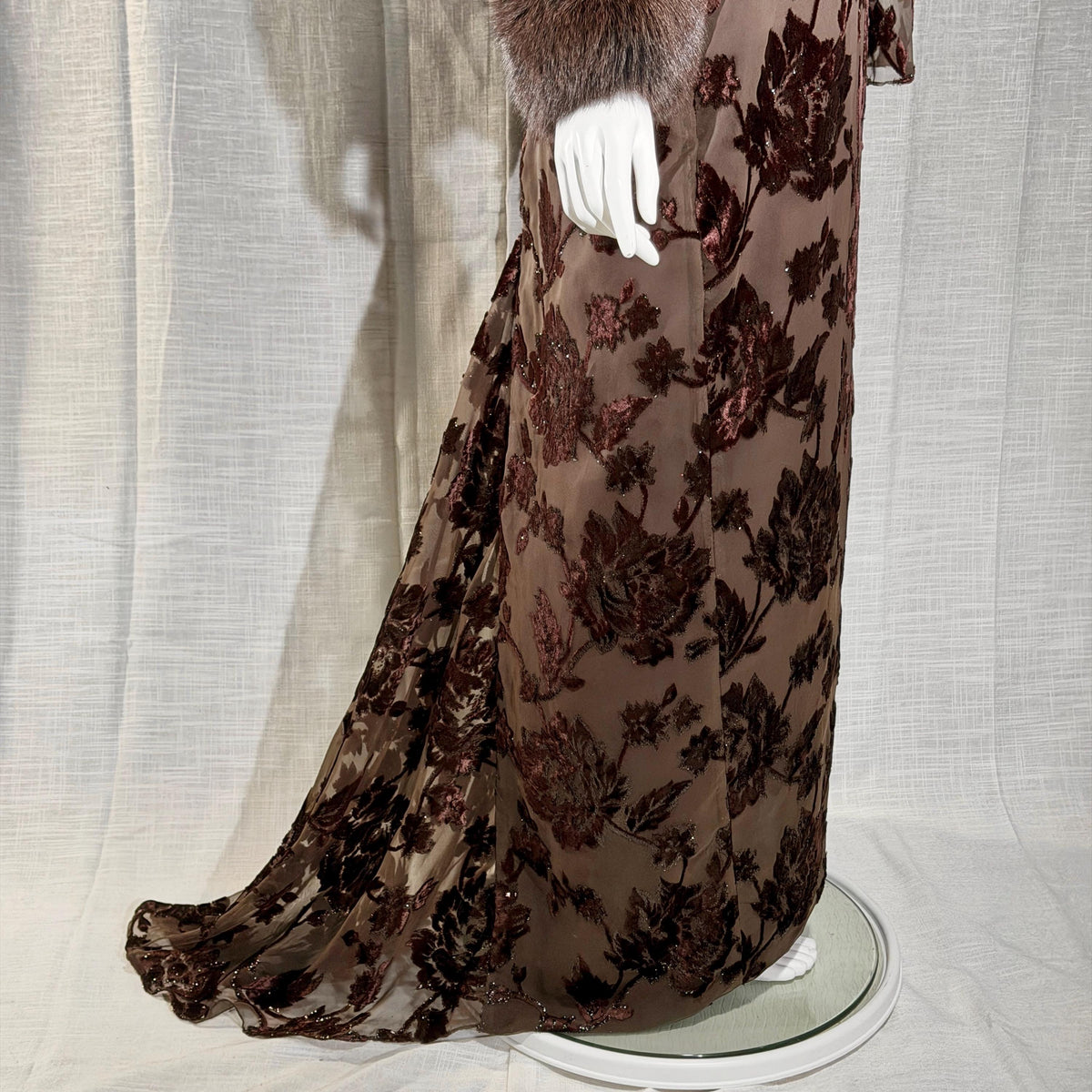 vintage 1980s NEIMAN MARCUS evening dress gown, Brown Floral Devore Burnout Shift Gown Large