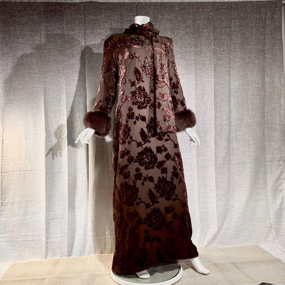 vintage 1980s NEIMAN MARCUS evening dress gown, Brown Floral Devore Burnout Shift Gown Large