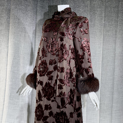 vintage 1980s NEIMAN MARCUS evening dress gown, Brown Floral Devore Burnout Shift Gown Large