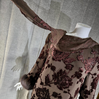 vintage 1980s NEIMAN MARCUS evening dress gown, Brown Floral Devore Burnout Shift Gown Large