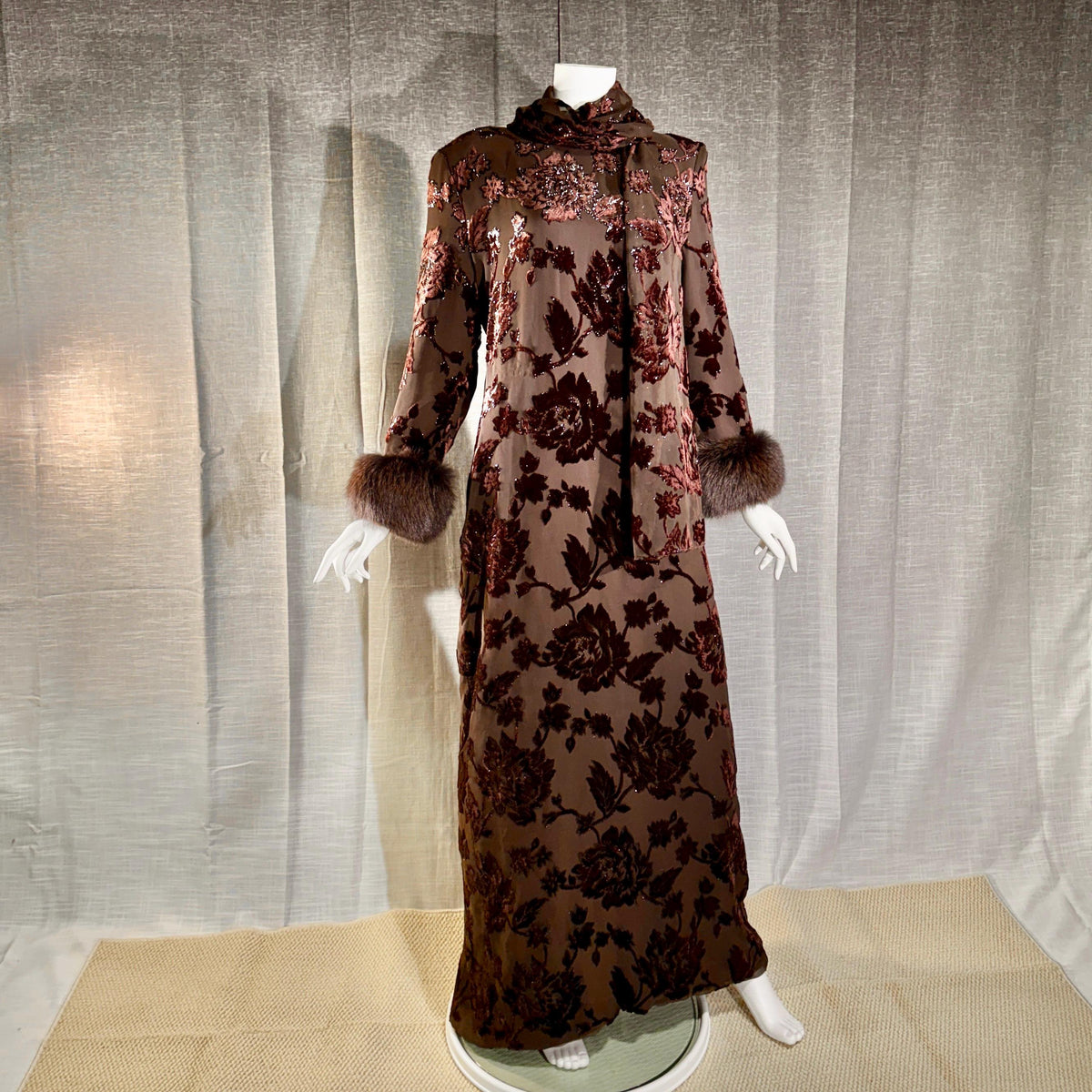 vintage 1980s NEIMAN MARCUS evening dress gown, Brown Floral Devore Burnout Shift Gown Large