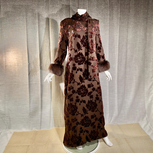 vintage 1980s NEIMAN MARCUS evening dress gown, Brown Floral Devore Burnout Shift Gown Large