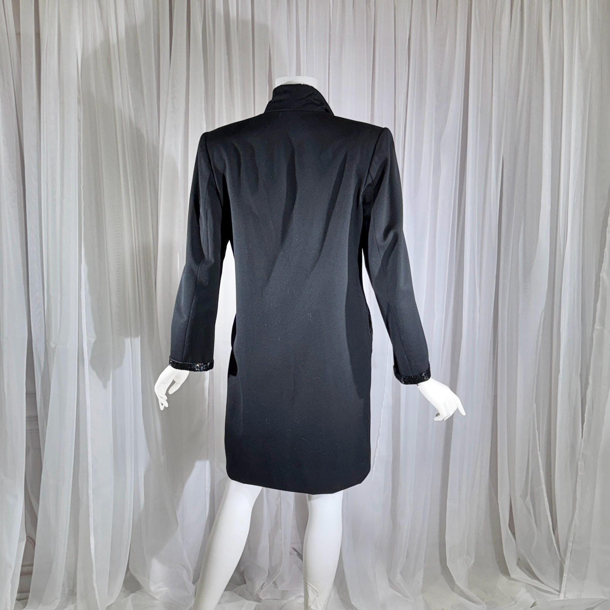 vintage BOB MACKIE coat dress, 1970s black double breasted beaded evening dinner coat