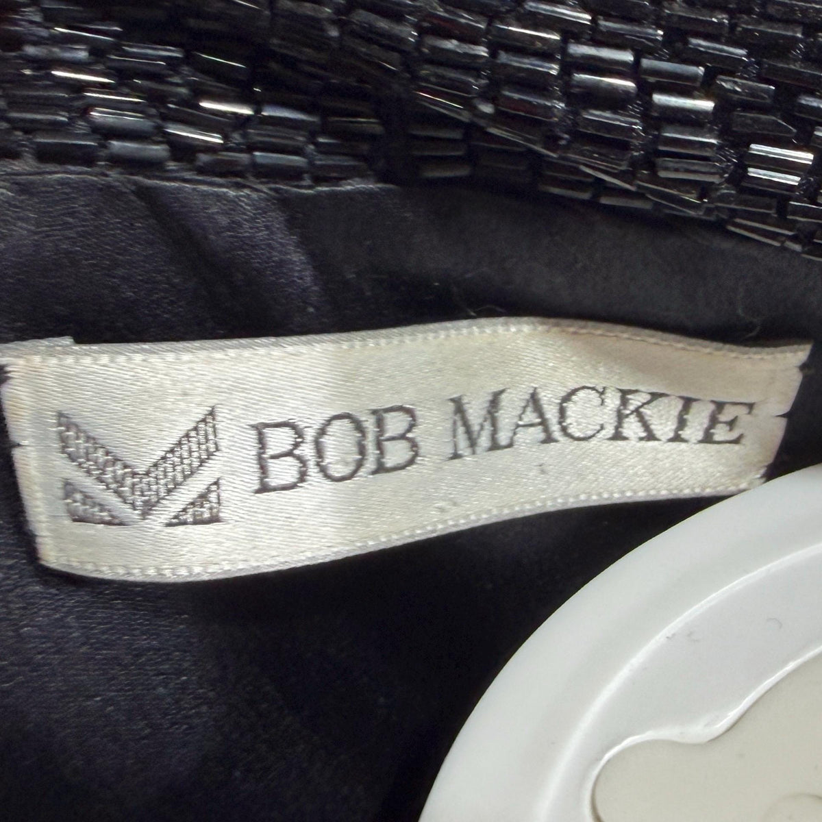 vintage BOB MACKIE coat dress, 1970s black double breasted beaded evening dinner coat