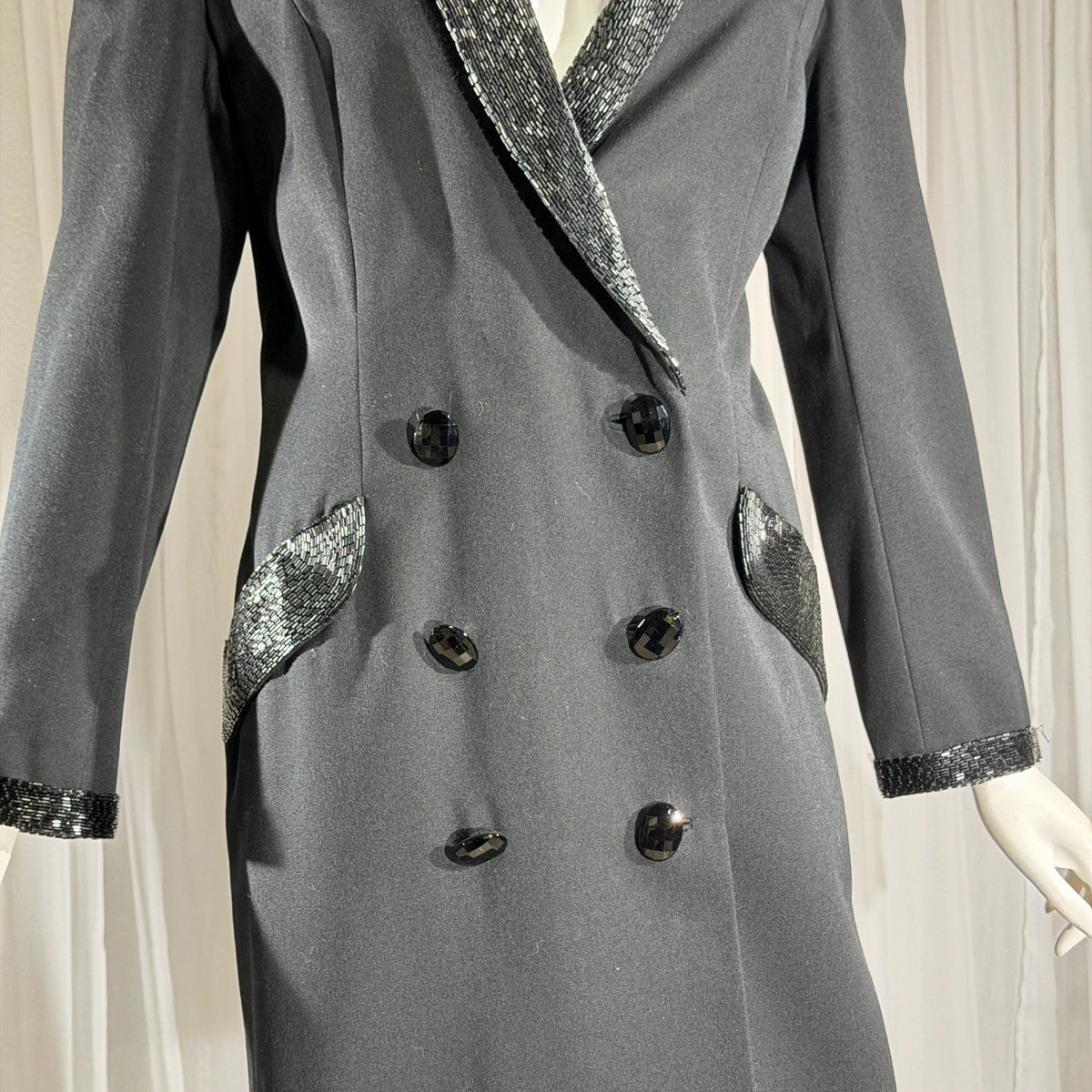 vintage BOB MACKIE coat dress, 1970s black double breasted beaded evening dinner coat