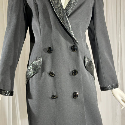 vintage BOB MACKIE coat dress, 1970s black double breasted beaded evening dinner coat