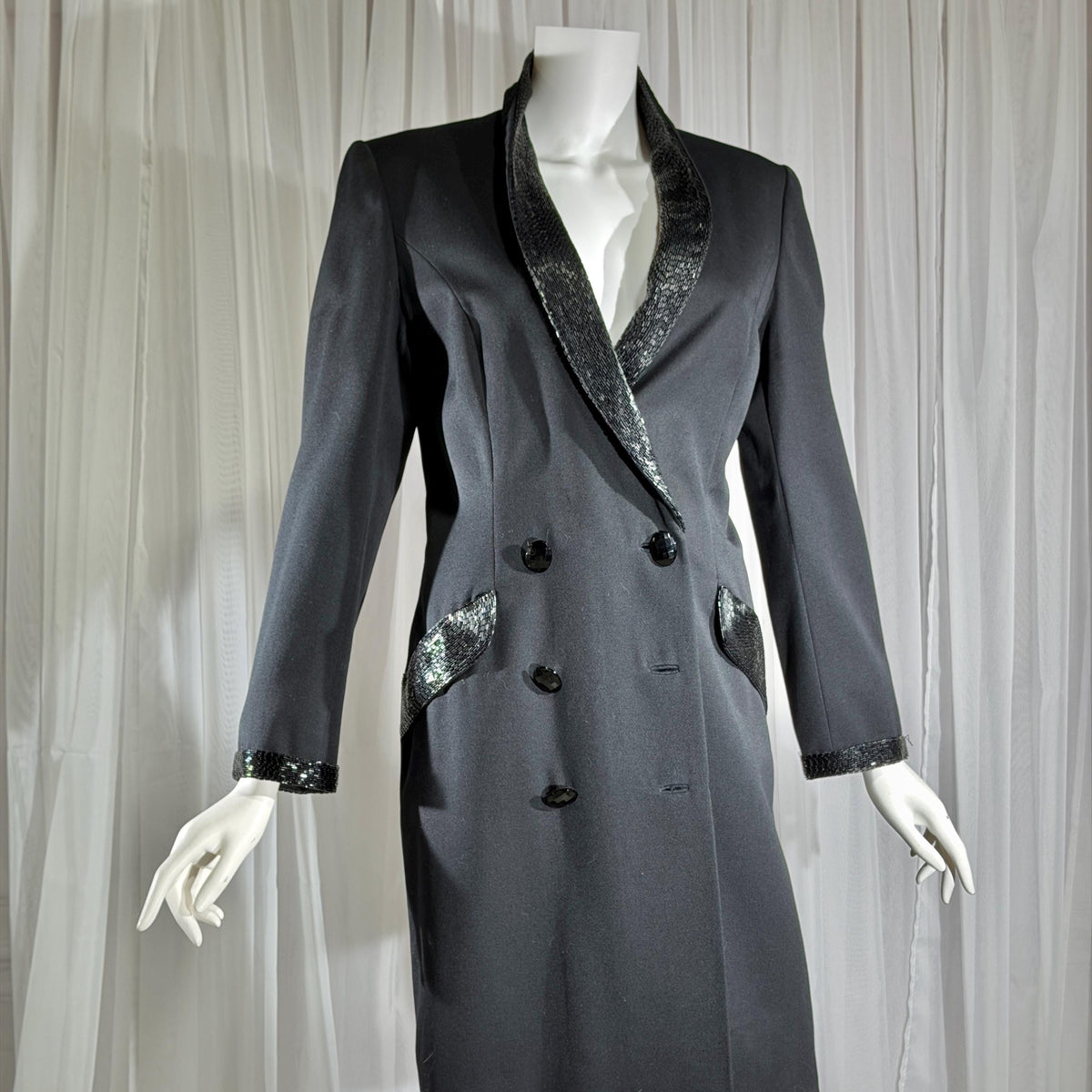 vintage BOB MACKIE coat dress, 1970s black double breasted beaded evening dinner coat