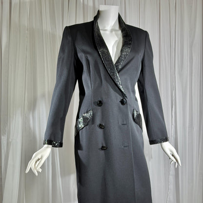 vintage BOB MACKIE coat dress, 1970s black double breasted beaded evening dinner coat