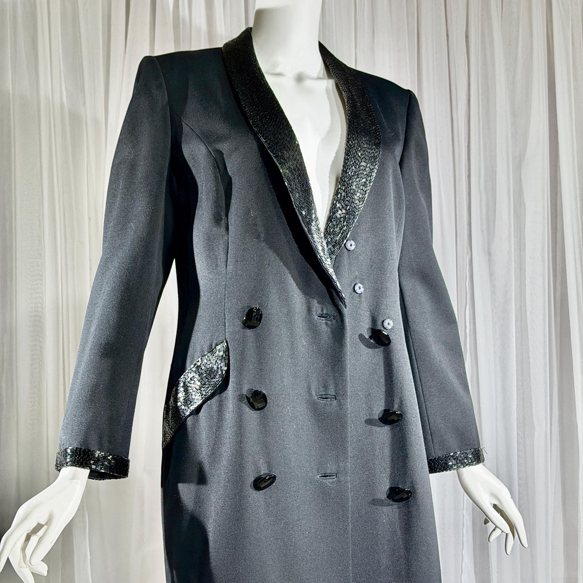 vintage BOB MACKIE coat dress, 1970s black double breasted beaded evening dinner coat
