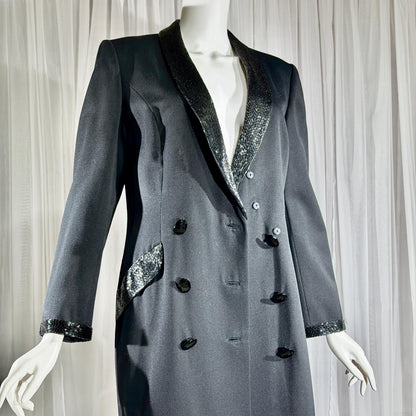 vintage BOB MACKIE coat dress, 1970s black double breasted beaded evening dinner coat