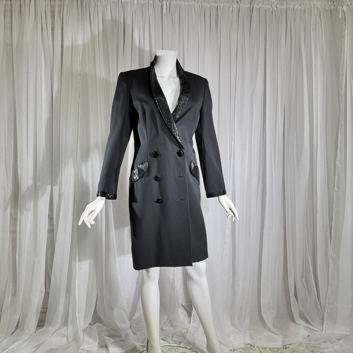 vintage BOB MACKIE coat dress, 1970s black double breasted beaded evening dinner coat