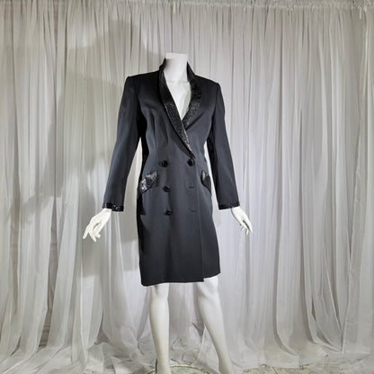 vintage BOB MACKIE coat dress, 1970s black double breasted beaded evening dinner coat