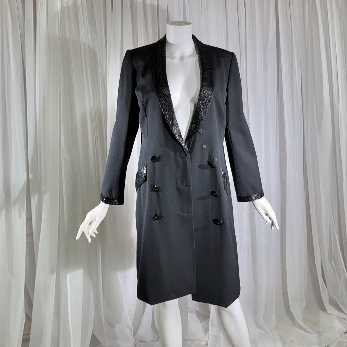 vintage BOB MACKIE coat dress, 1970s black double breasted beaded evening dinner coat