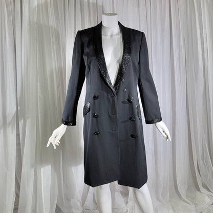 vintage BOB MACKIE coat dress, 1970s black double breasted beaded evening dinner coat