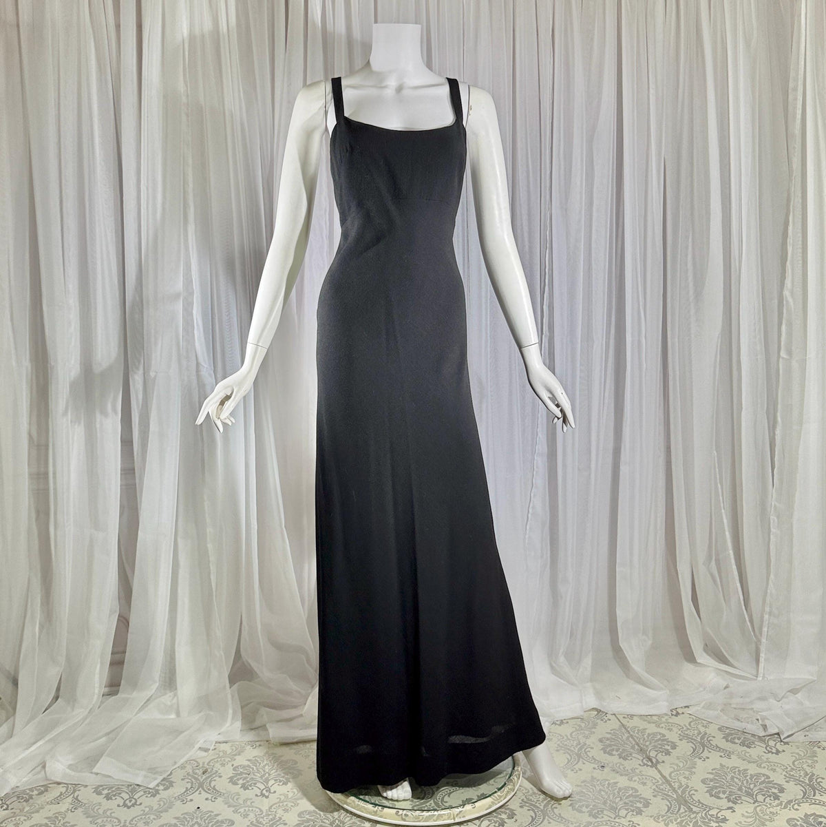 PAULINE TRIGERE, vintage 1980s evening dress, Black crepe sheath slip dress