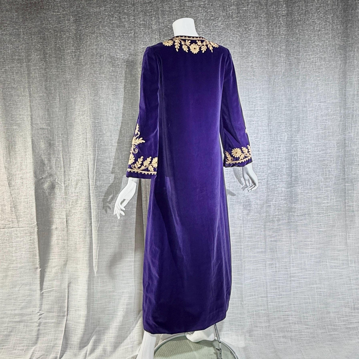 MALOUF Perfect Negligee, I. MAGNIN, 1960s vintage caftan evening dress, Royal Purple velvet and gold metallic & rhinestones Kaftan