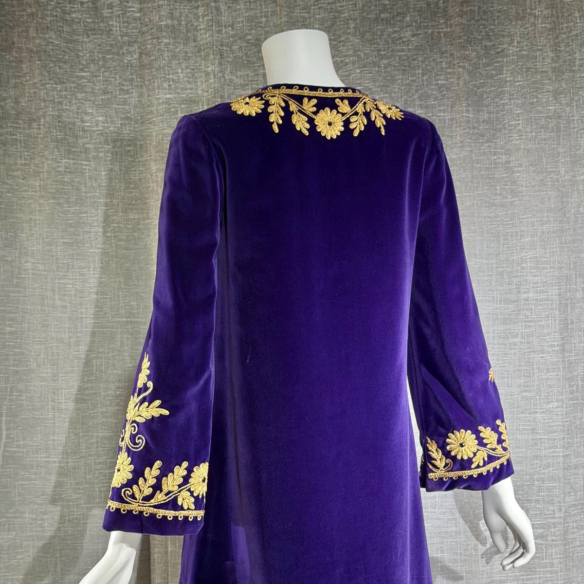 MALOUF Perfect Negligee, I. MAGNIN, 1960s vintage caftan evening dress, Royal Purple velvet and gold metallic & rhinestones Kaftan