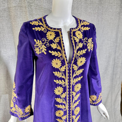 MALOUF Perfect Negligee, I. MAGNIN, 1960s vintage caftan evening dress, Royal Purple velvet and gold metallic & rhinestones Kaftan