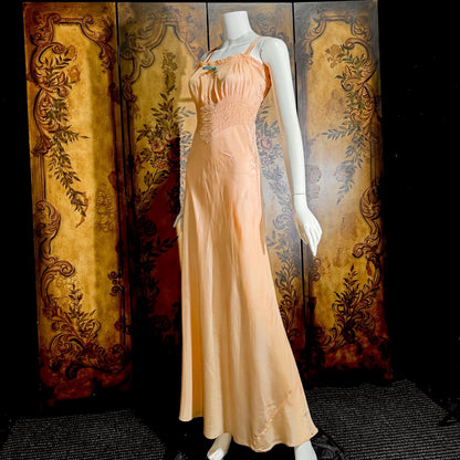 vintage 1930s nightgown, Peach Smocked Bias cut lingerie dress zipper side