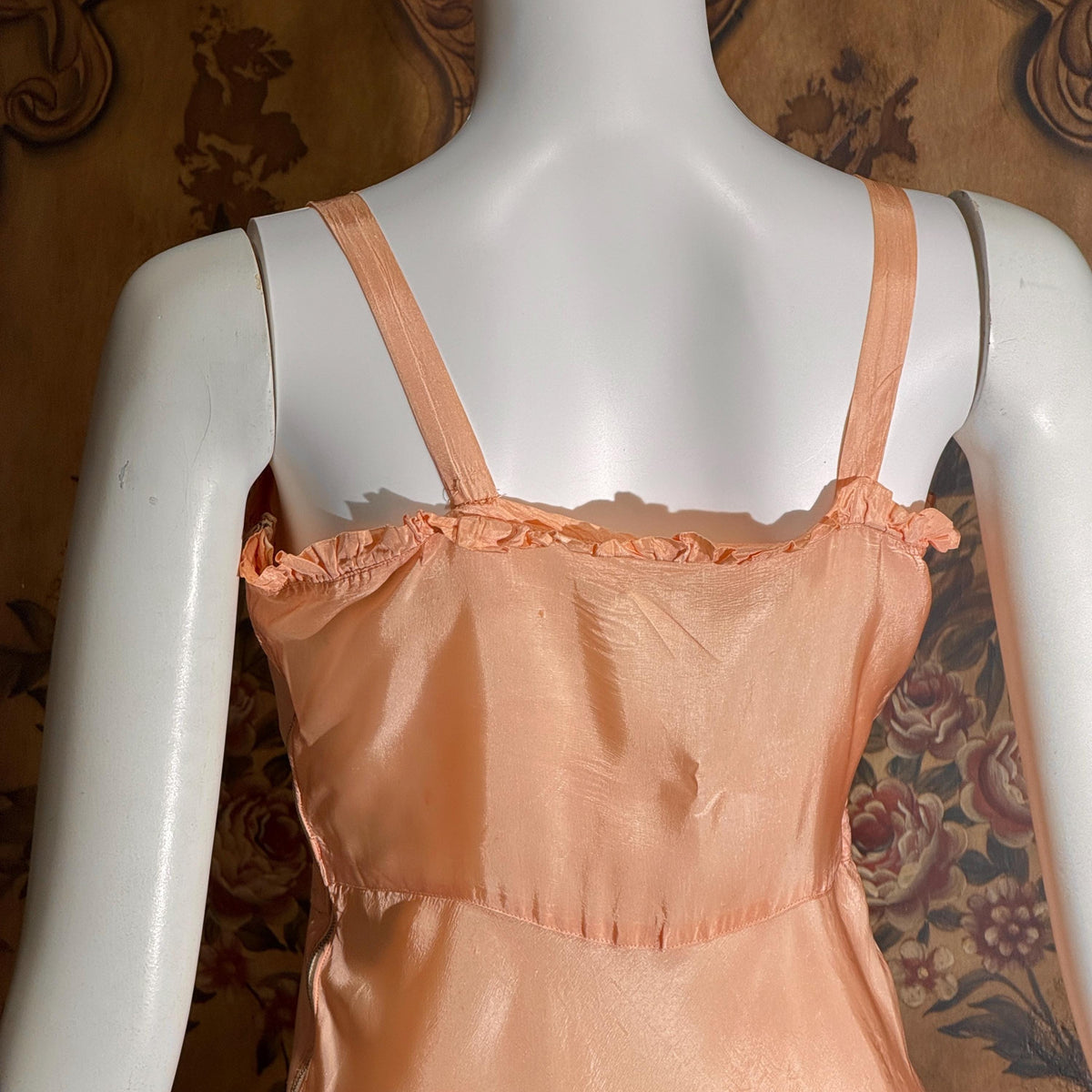 vintage 1930s nightgown, Peach Smocked Bias cut lingerie dress zipper side