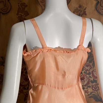 vintage 1930s nightgown, Peach Smocked Bias cut lingerie dress zipper side